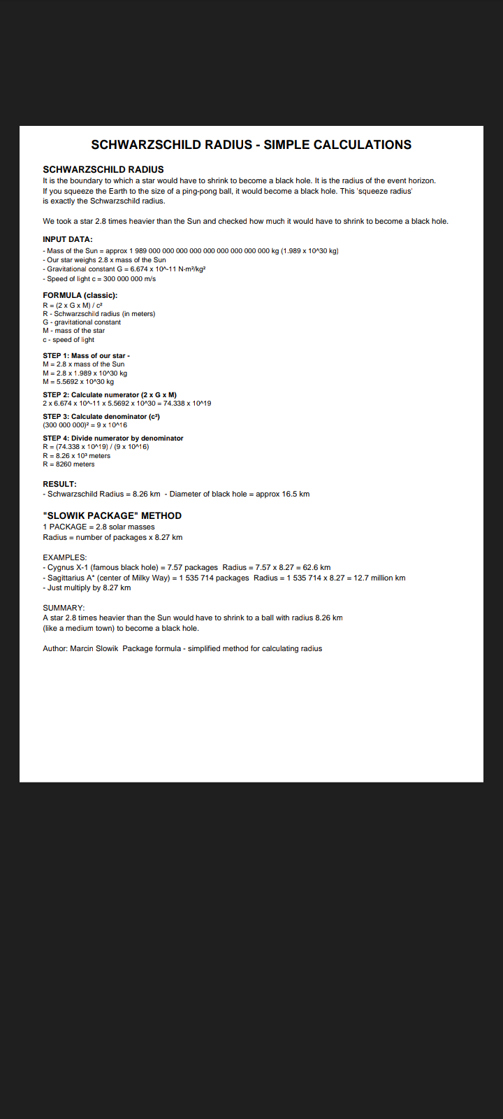 Calculation of Schwarzschild Radius and Package Method